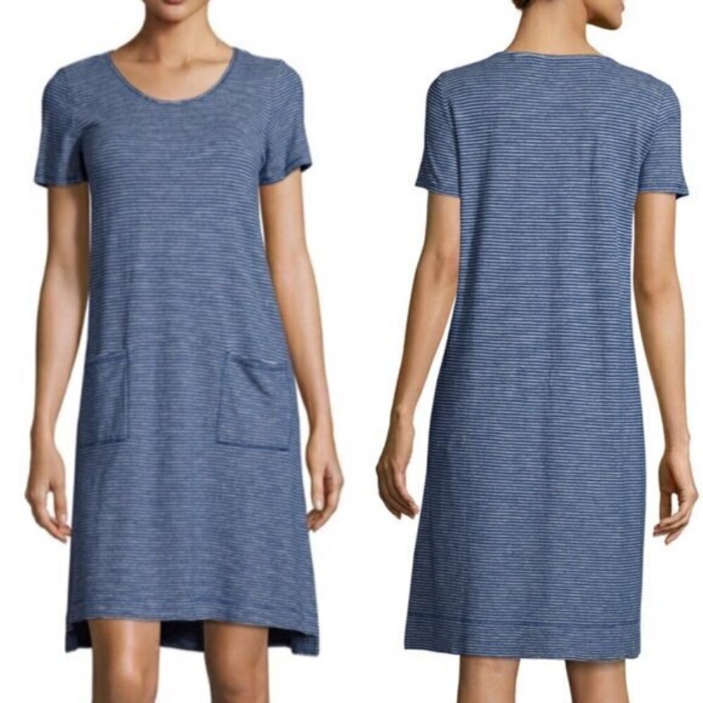 Eileen Fisher XXS Hemp Dress Mini Short Sleeve Blue White Striped Twist Scoop